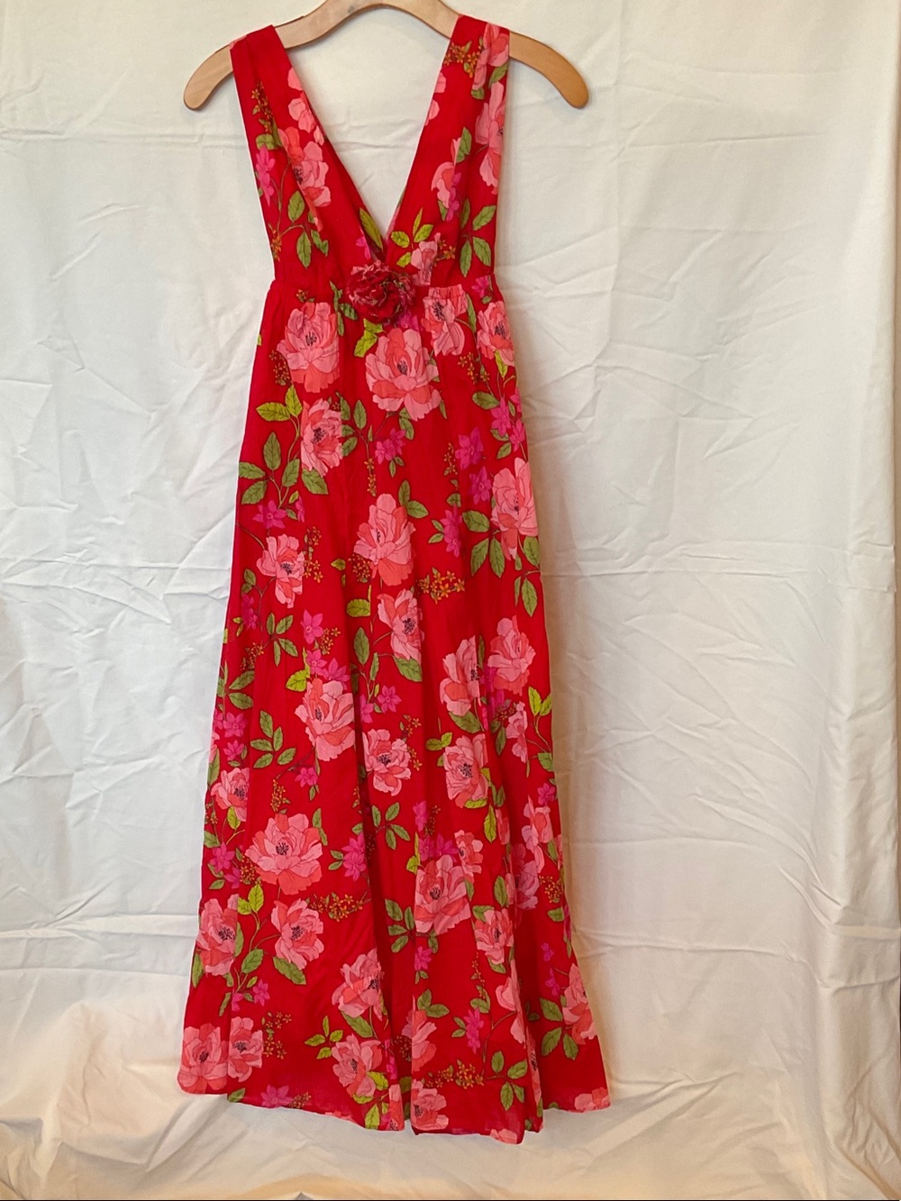 J. Crew Red Floral Maxi Dress with Pink & Green Accents